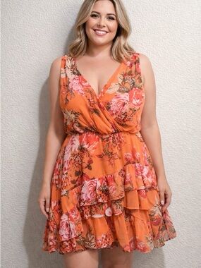 NWOT - Express Floral Wrap Ruffle Dress in Orange